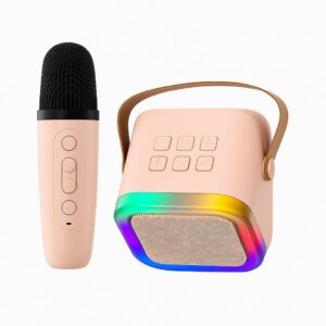 Karaoke Mic with Speaker,Wireless Mini Portable Bluetooth Speaker with Microphone, LED Lights,5-Voice Changer