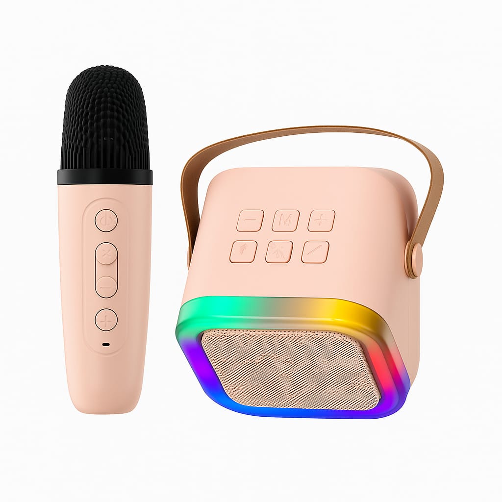 Karaoke Mic with Speaker,Wireless Mini Portable Bluetooth Speaker with Microphone, LED Lights,5-Voice Changer