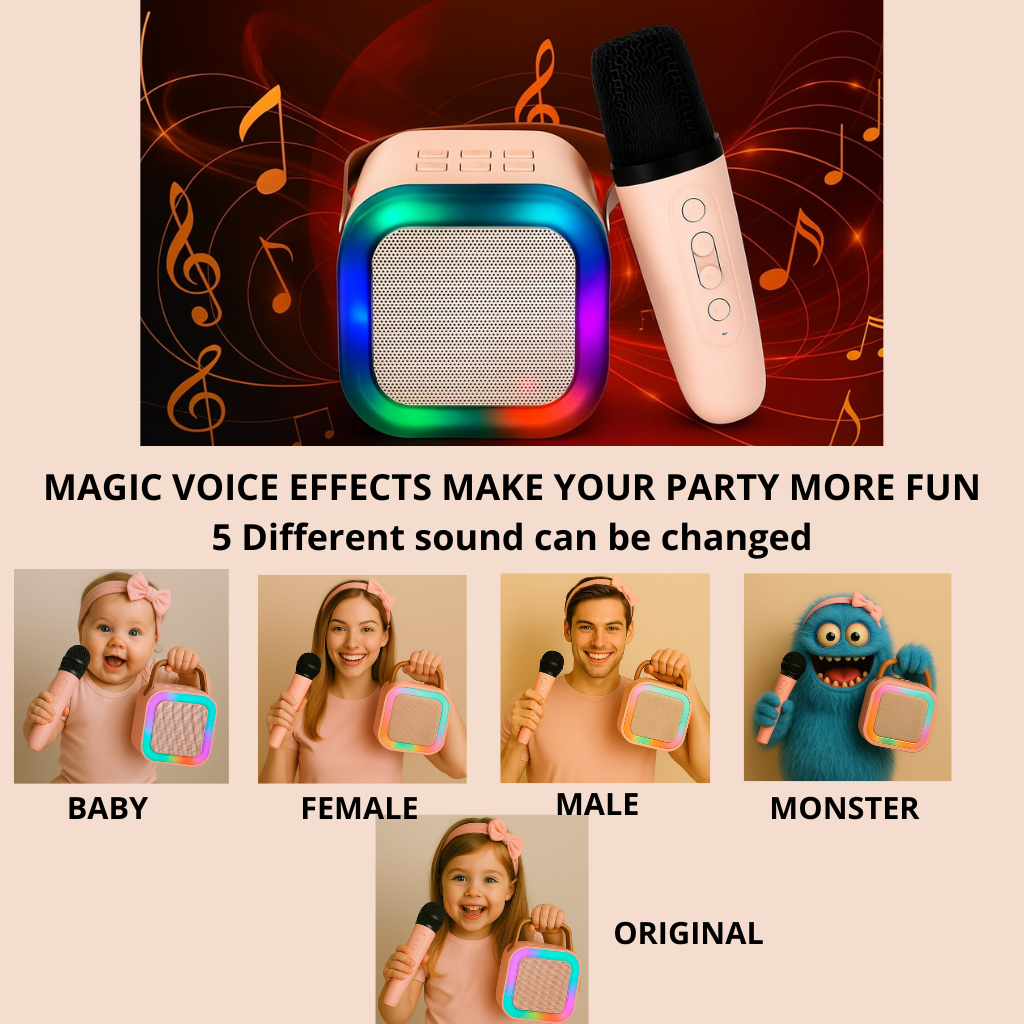 Karaoke Mic with Speaker,Wireless Mini Portable Bluetooth Speaker with Microphone, LED Lights,5-Voice Changer - Image 3